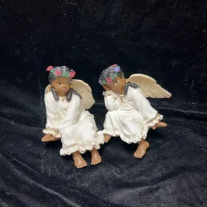 Ganz Porcelain-Look Angel Figurines With Flower Crowns, EX3112, One With Broken Wing, Circa 1990s