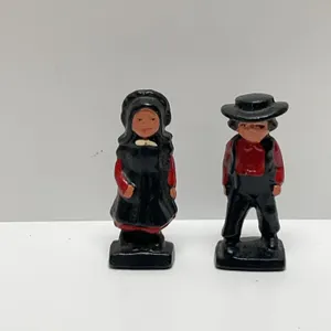 Hand-Painted Cast Iron Amish Boy and Girl Figurines, 3-Inch Decor Collectibles Set, Black and Red