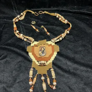 Hand-Woven Artisan Necklace and Earring Set With Carved Pendant and Beaded Accents, Earth Tones, Mix