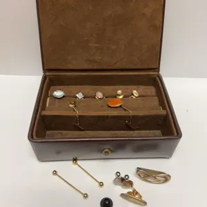 Men's Jewelry Lot Including SWANK Tie Clip, Cufflinks, Lapel Pins, and Jewelry Box Case Set