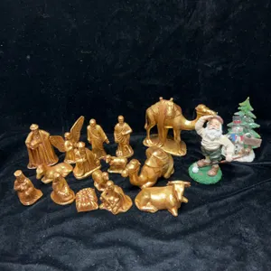 Hand-Painted Gilt Ceramic Nativity Scene Figures With Holiday Ornaments, Circa Late 20th Century