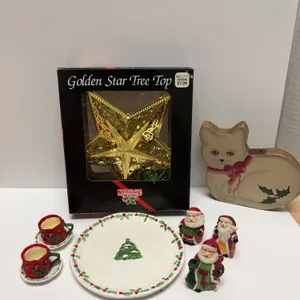 Christmas Decor Group: Golden Star Tree Top, Miniature Santa Figures, Holiday Dishware, Wooden Cat