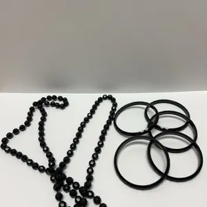 Black Faceted Bead Necklace and Set of Five Black Plastic Bangles, Costume Jewelry Lot, 2 Pieces Tot