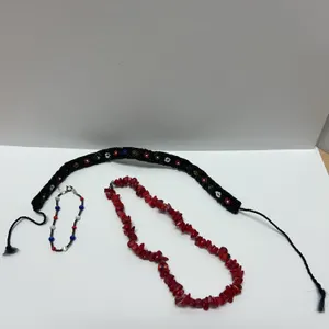 Sterling Silver Bead Bracelet, Red Chip Bead Necklace, and Black Beaded Floral Choker Trio Set, 3 Pi