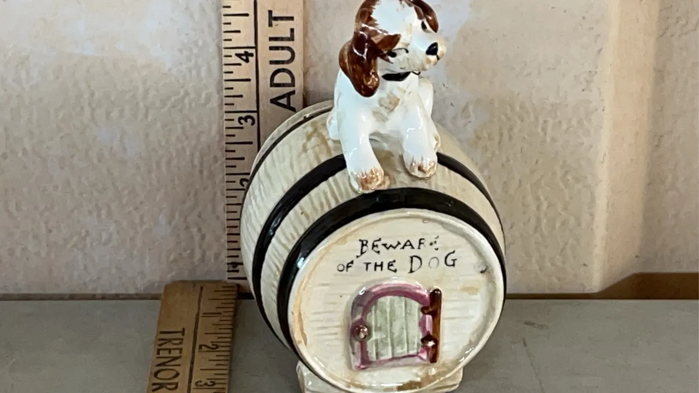 Vintage Japan Beware Of The Dog Barrel Ceramic Bank 6" Tall