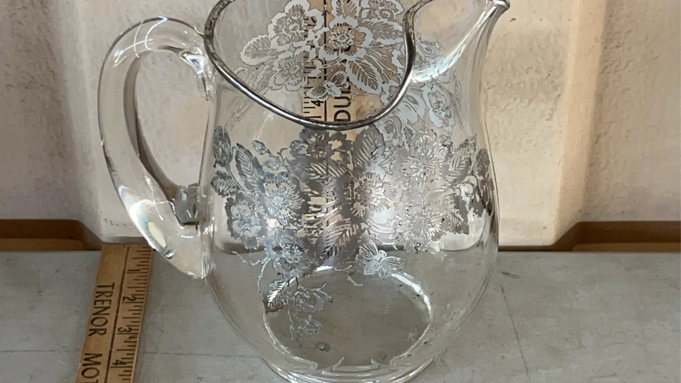Vintage Sterling Silver Floral Overlay Glass Pitcher 8.25"