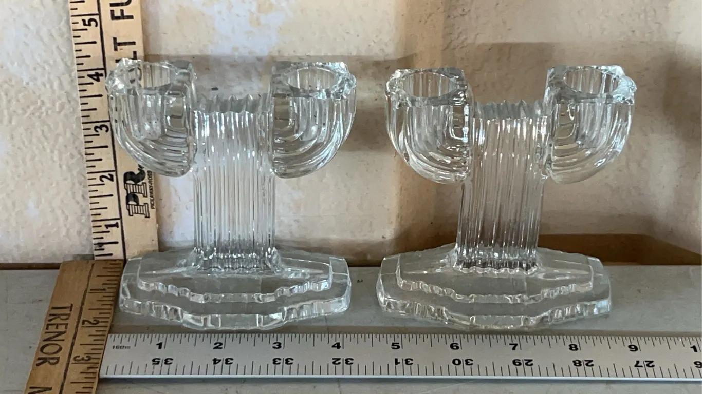 Vintage Anchor Hocking Queen Mary Art Deco Clear Glass Depression Double Candlestick Holders