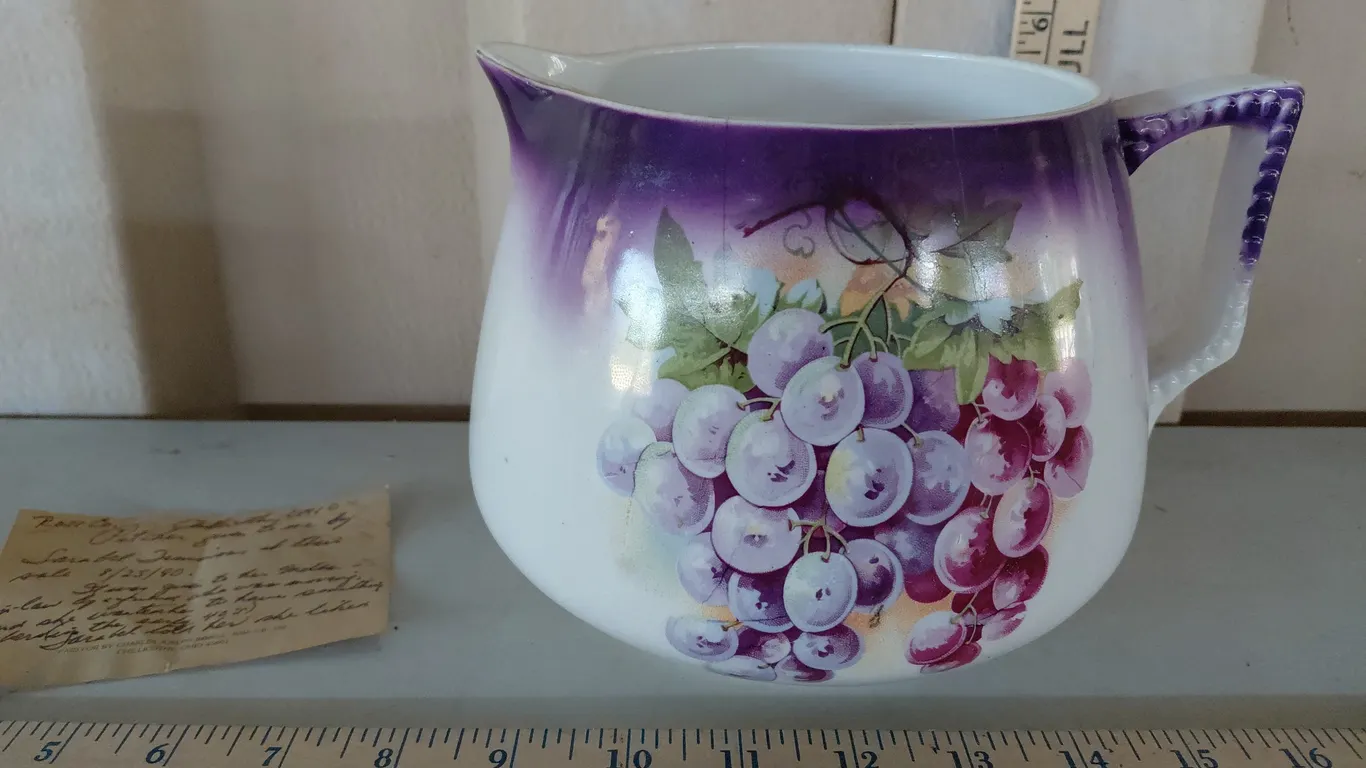 Vintage Dresden China Grape Pattern Pitcher, Hairline Crack 5.75" Tall