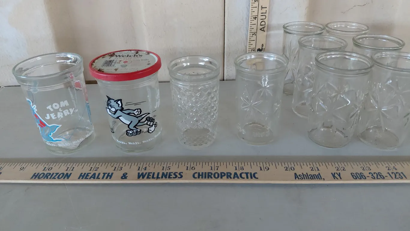 Vintage Glass Jelly Jars/Childrens Cups-One 50th Anniversary, Two Welch's Tom & Jerry, Etc.