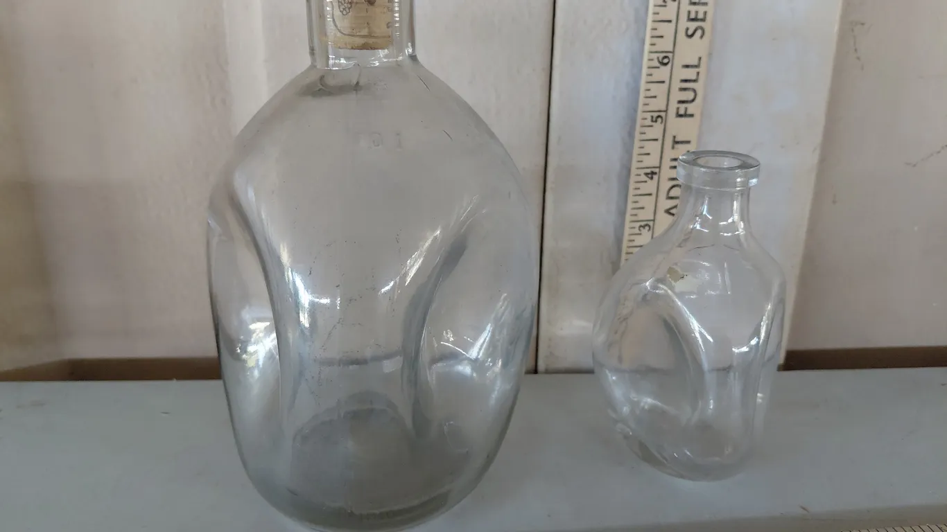 2 Vintage Glass Pinched Decanter Bottles 7.5" & 5" Tall