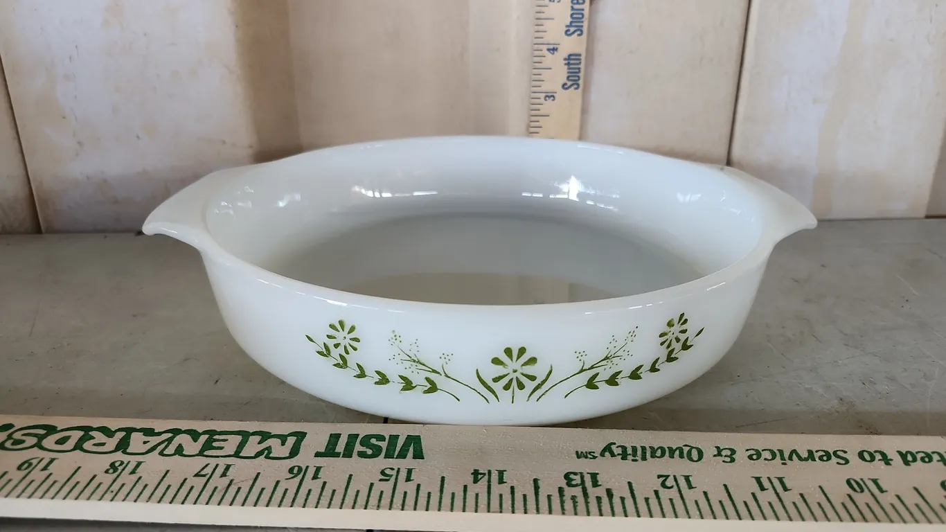 Vintage Glasbake Green Daisies Round Baking Dish