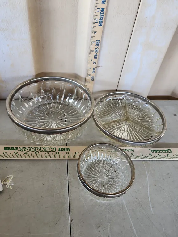 Vintage Metal Rim Clear Glass Serving Dishes, Biggest 9"X3.75"