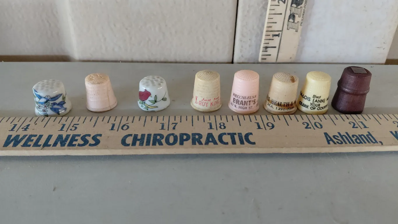 8 Vintage Thimbles, Some Have Advertising, 1 Wood, 2 Porcelain