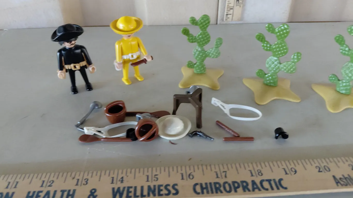 Assorted 1970s Playmobil Toy Figures, Cactus, & Accessories