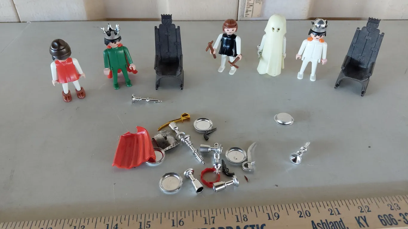 Assorted 1970s Playmobil Toy Figures, Chairs, Ghost, & Accessories