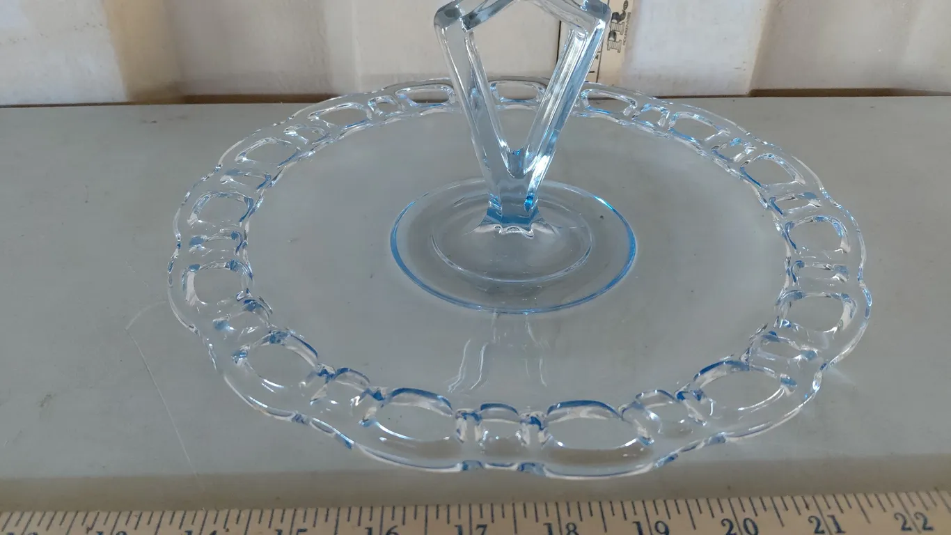 Vintage Anchor Hocking Blue Depression Glass Sandwich Tray 11"X4.75" Open Lace Edge