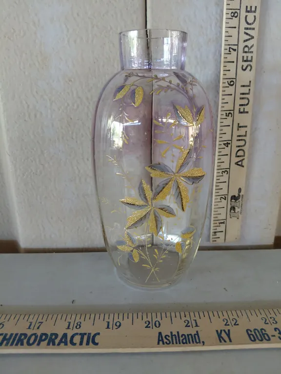Vintage Hand Painted Clear Glass Vase 7.25" Tall