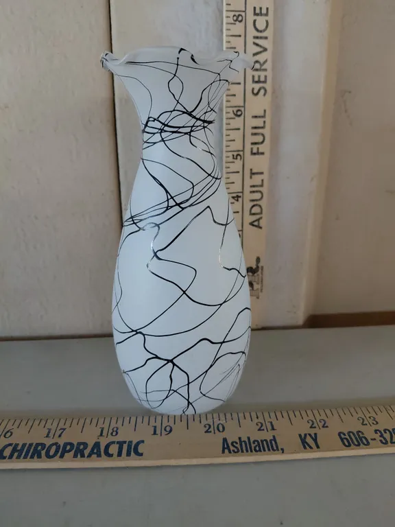 Mid Century Modern Frosted Vase W/Black Drizzle 7'' Tall