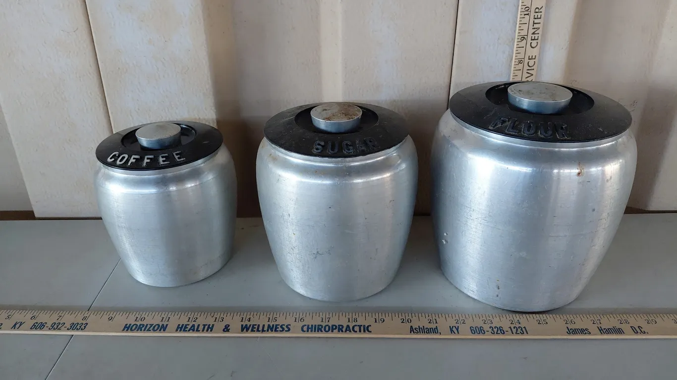 Kromex Aluminum Coffee, Sugar, Flour Canisters, Lids Have Damage