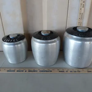 Kromex Aluminum Coffee, Sugar, Flour Canisters, Lids Have Damage