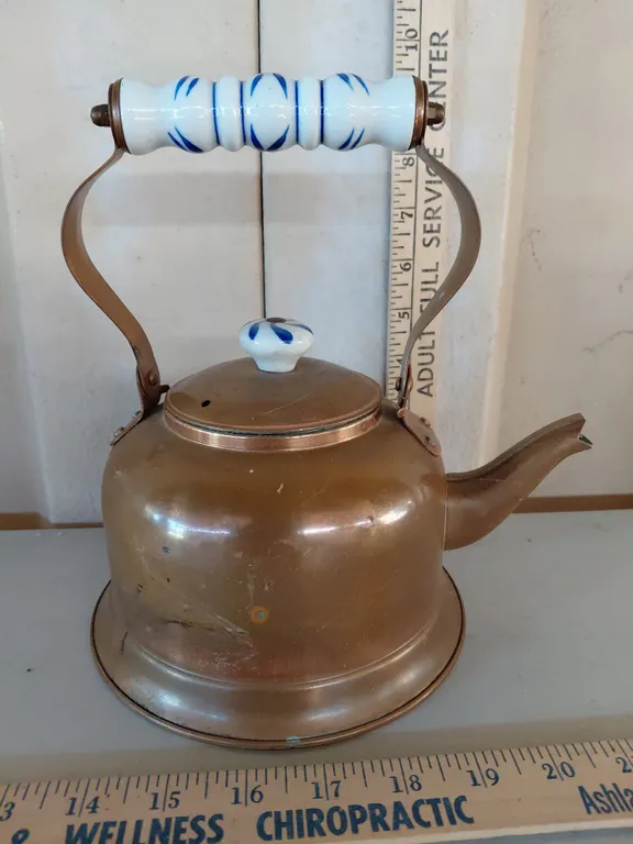 Copper & Brass Tea Pot W/Porcelain Delft Blue Handle 9''X6.5''X9''