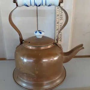 Copper & Brass Tea Pot W/Porcelain Delft Blue Handle 9''X6.5''X9''