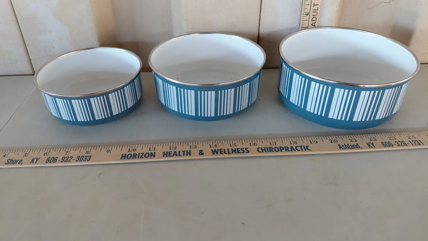 Set Of 3 Enamel Blue Barcode Bowls
