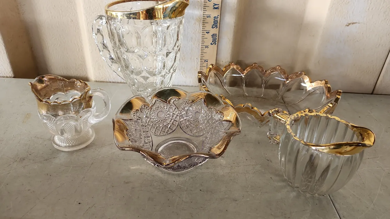 Vintage Clear Glass Gold Rim Creamers, Pitcher, & 2 Bowls