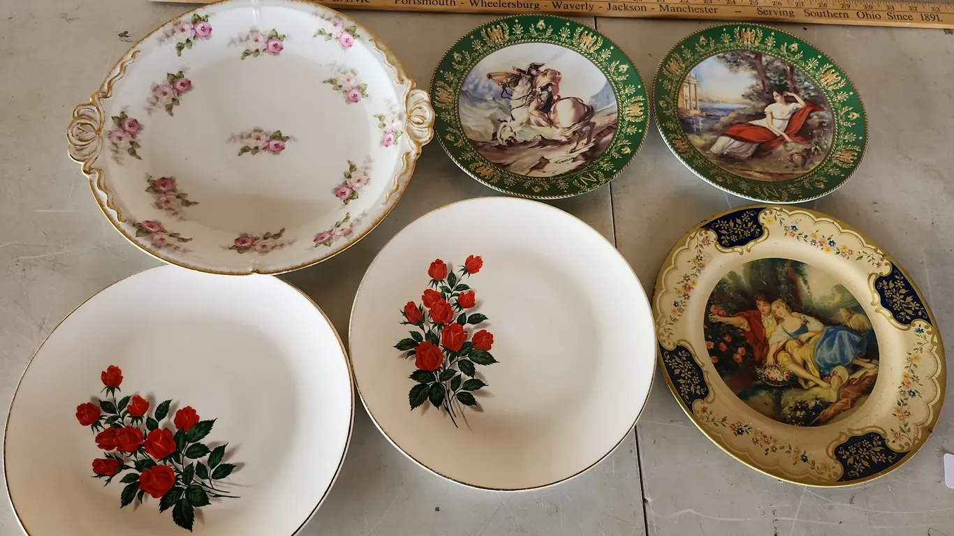 Vintage Porcelain Serving Plate, Dinner/Snack Plates, & 1 Metal Plate