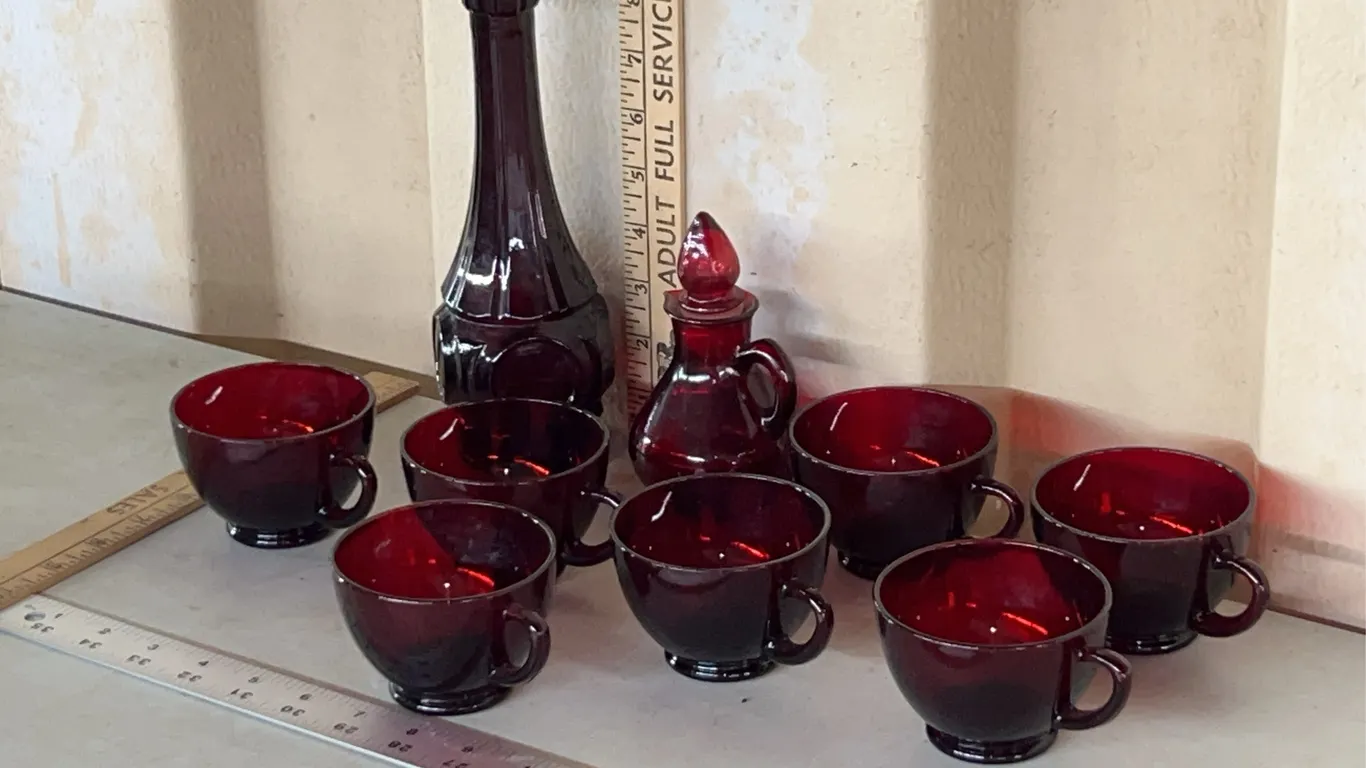 Vintage Ruby Red Teacups, Decanter Bottle (No Stopper), & Avon Bottle