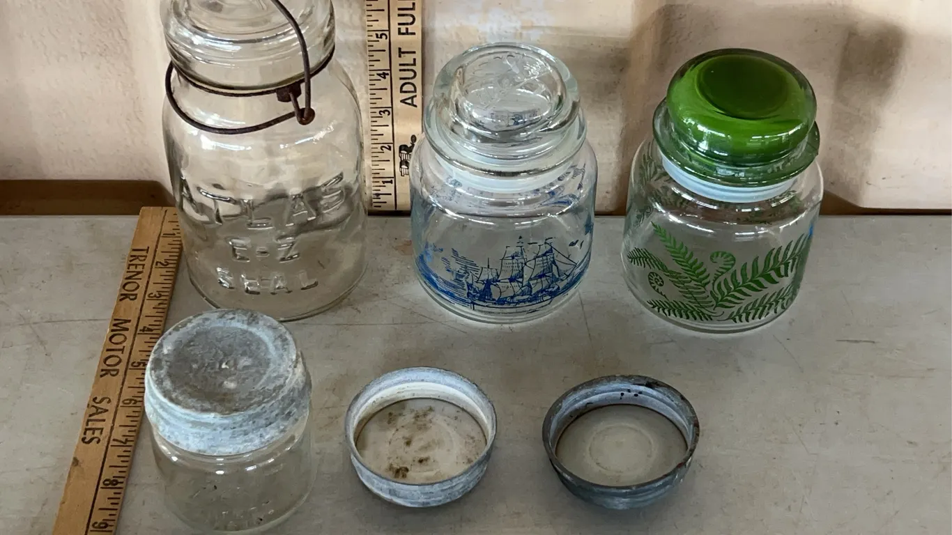 Vintage Atlas Canning Jar, Ball Canning Jar, 2 Zinc Lids, Old Spice Canister, & Green Leaf Canister