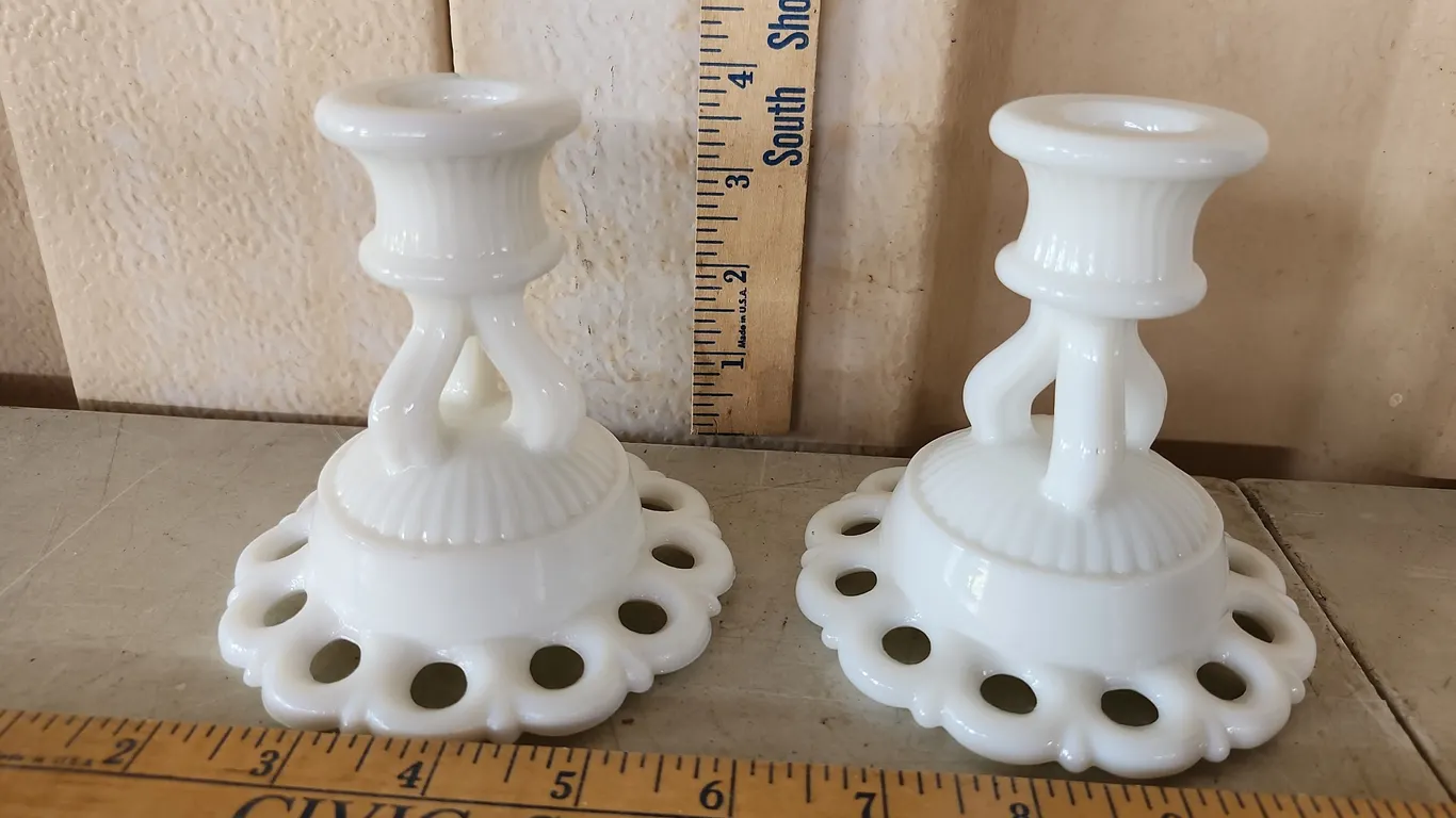 Vintage Westmoreland Doric Milk Glass Candle Stick Holders W/Open Lace Edge