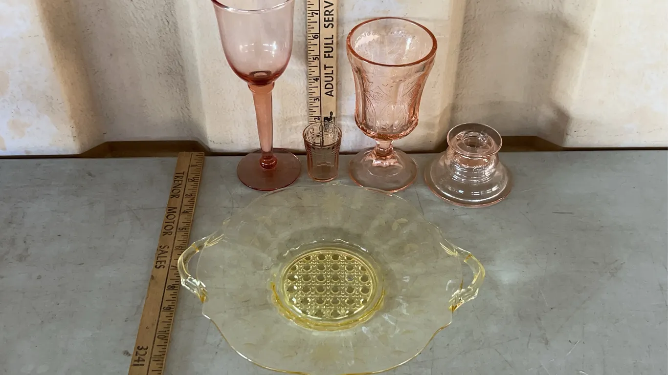 Pink & Yellow Depression Glass-Serving Plate, 2 Stemware/Goblets, Candle Stick Holder, & Short Glass