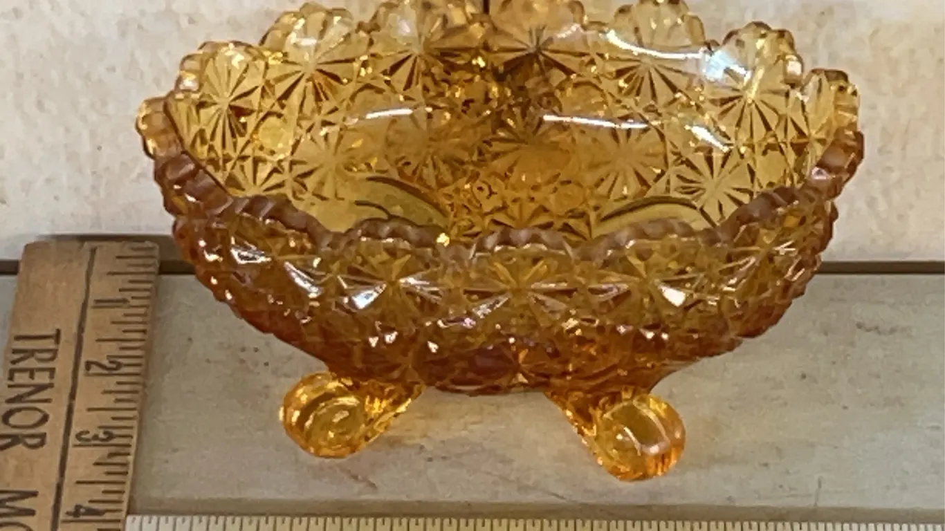 Vintage L.G. Wright Amber Glass Daisy & Button Footed Oval Scroll Bowl
