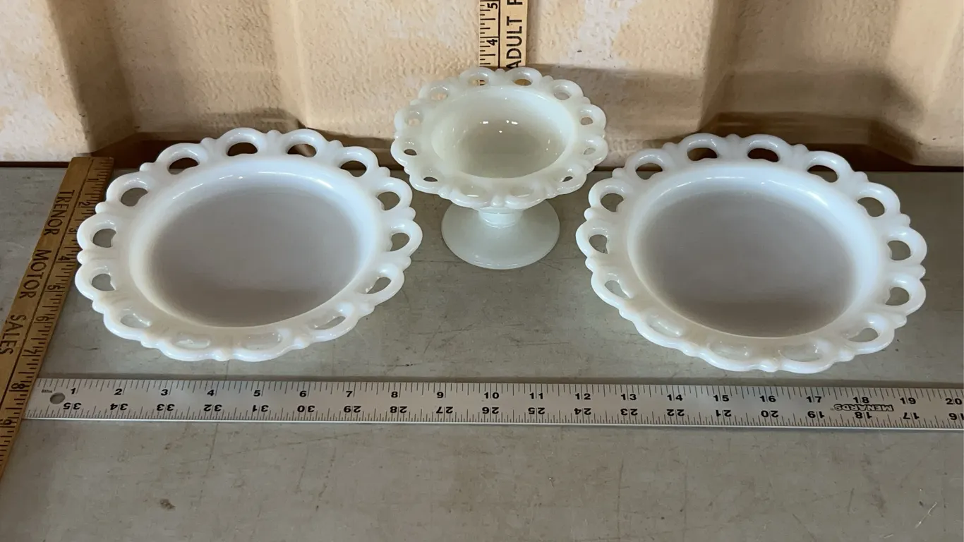 Vintage Anchor Hocking Milk Glass Open Lace Plates 8" Tall & Small Compote