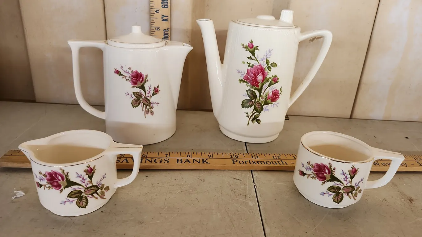 Vintage Porcelain Rose Pattern Sugar, Creamer, Teapot, & Electric Coffee Pot (No Cord)