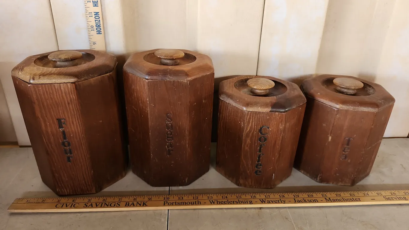 4 Vintage Wood Canister Set, W/Plastic Liners