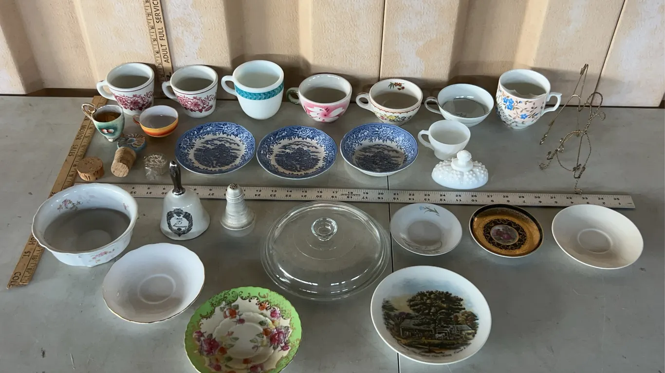 Vintage Mustache Mug, Saucers, Teacups, Shaker, 25th Anniversary Bell, Etc.