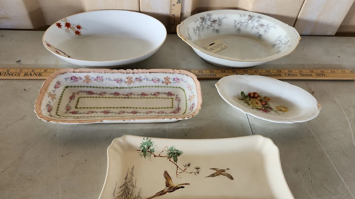 Vintage Oval Porcelain Serving Bowls, Platter, & Relish Dish
