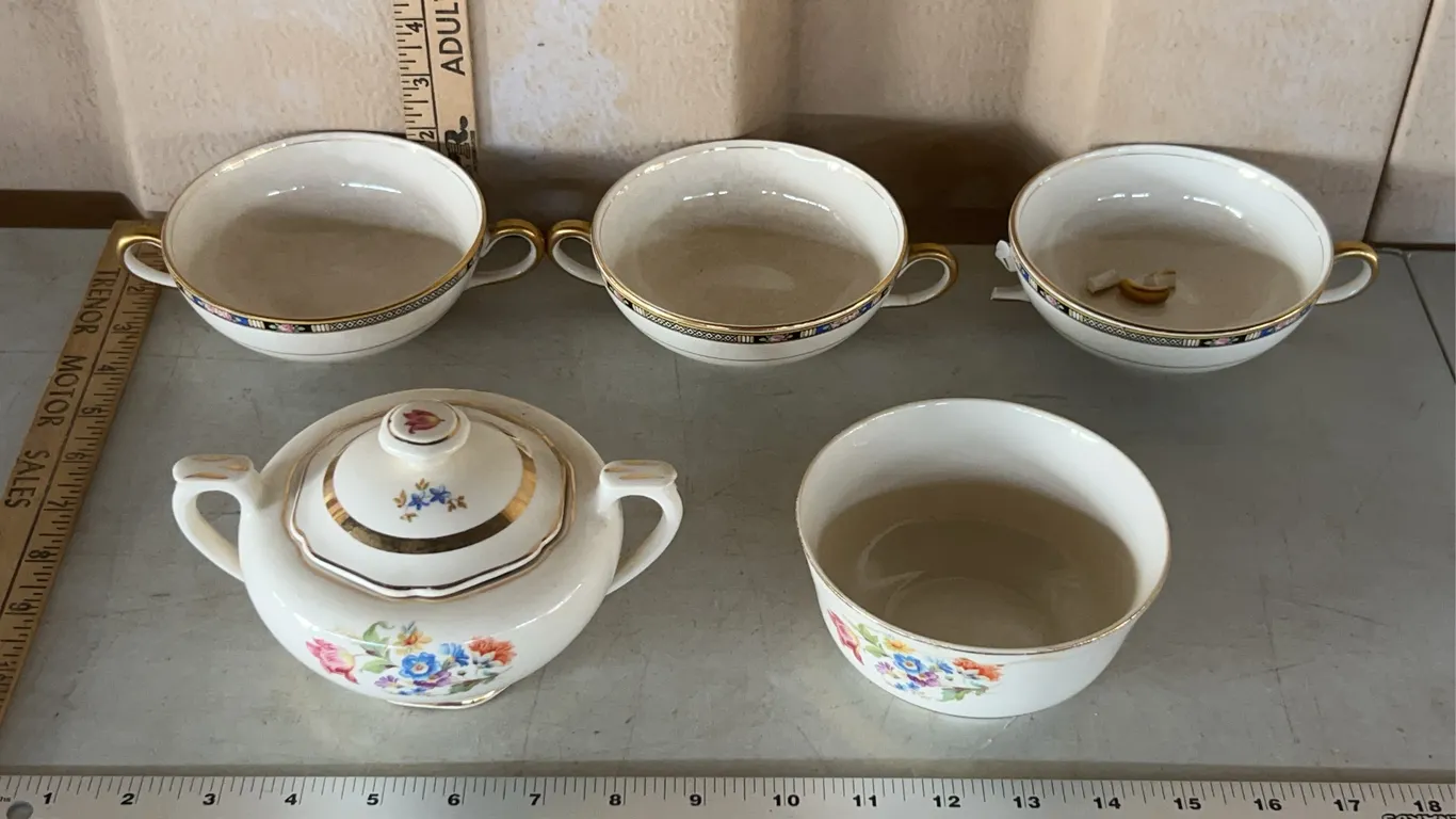 Vintage Warranted 22 Kt. Gold Sugar (Chipped), Creamer, & Warranted 18 Carat Gold Handles Soup Bowl