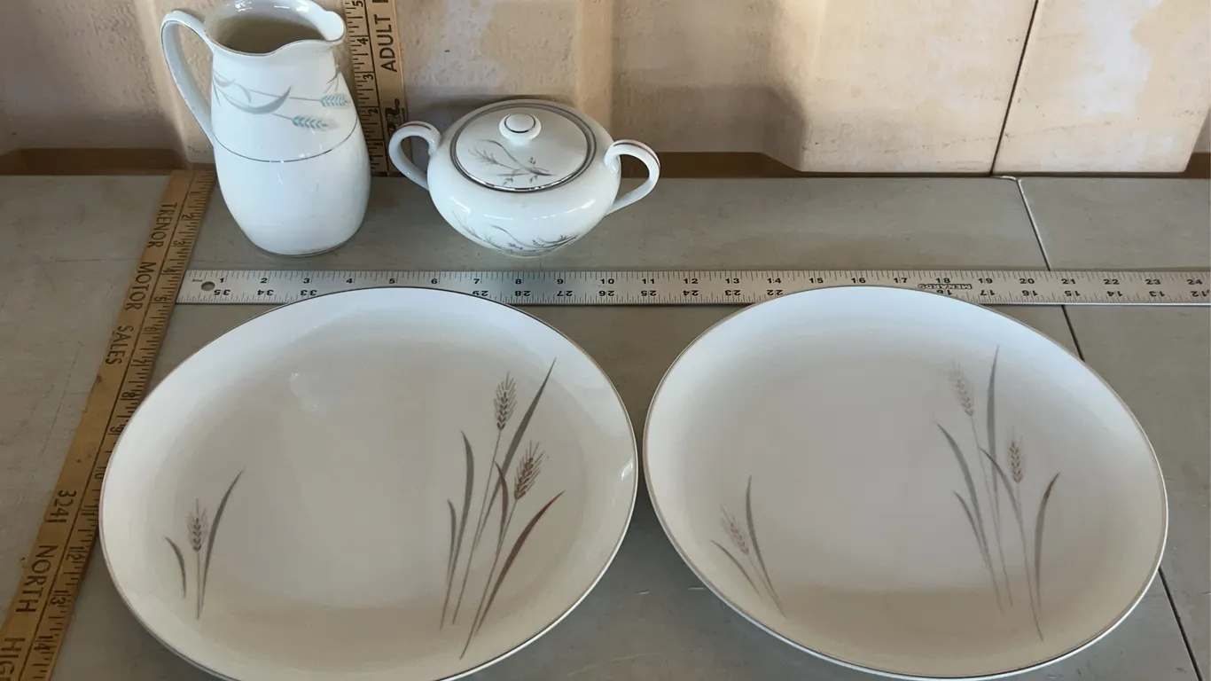 Vintage Valmont China Royal Wheat Sugar, Creamer, & 2 Dinner Plates