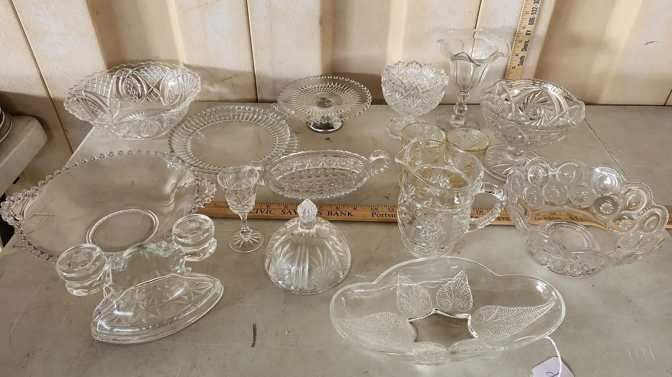 Assorted Clear Glass- Anchor Hocking Pitcher/Cups, L.E. Smith Candle Stick Holder, Etc.