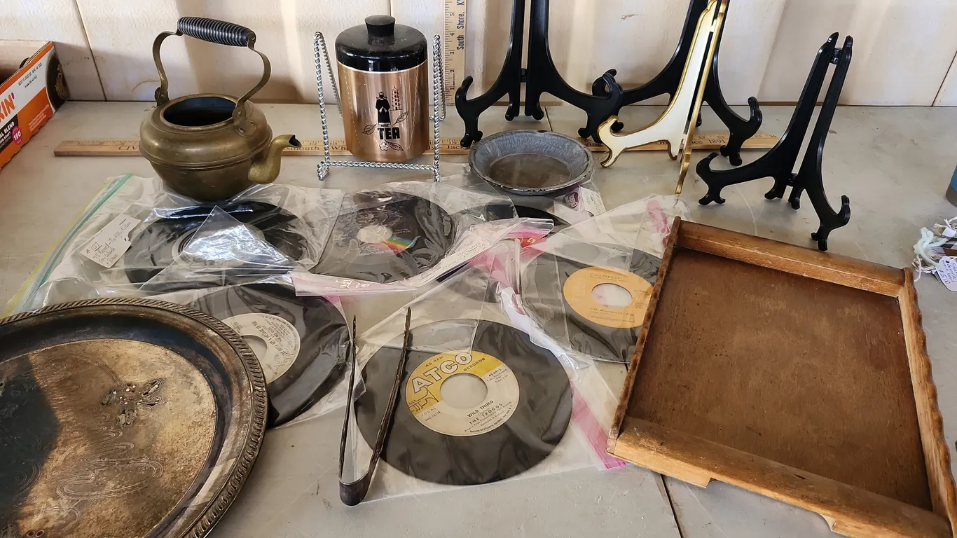 Records, Tea Canister, Plastic Picture Holders, Metal Serving Tray, Silverplate Ice/Sugar Tongs, Etc