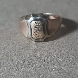 Men’s Gold-Toned Signet Ring with Shield Crest Engraving, Approximate Size 6, Unmarked Alloy Metal C