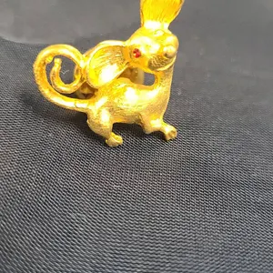 Gold-Tone Figural Mouse Lapel Pin with Red Gem Accents and Sculpted Tail Design