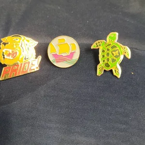 Three Lapel Pins Featuring Tiger Pride, Sailing Ship, and Enamel Green Turtle by S. Saunders 1999
