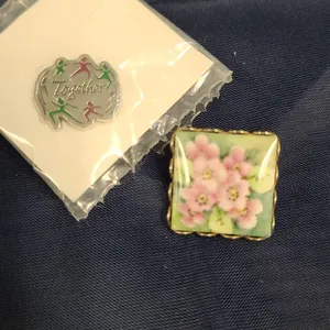 Square Floral Enamel Pin With Gold-Tone Backing and "Together" Silver Lapel Pin, Two-Piece Lot, Asso