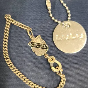 "For Victory Attendance" Bracelet with Curb Chain and "LULU" Round Tag Keychain, Both Metal Construc