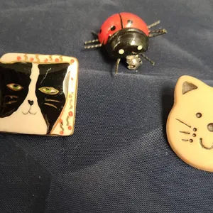 (3) Animal Pin Brooches Including Cat Faces and Red Ladybug with Metal and Enamel Designs, Mixed Clo