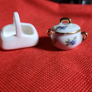 Miniature Limoges France Porcelain Sugar Bowl With Lid and White Basket, Floral and Gold Accents, 2